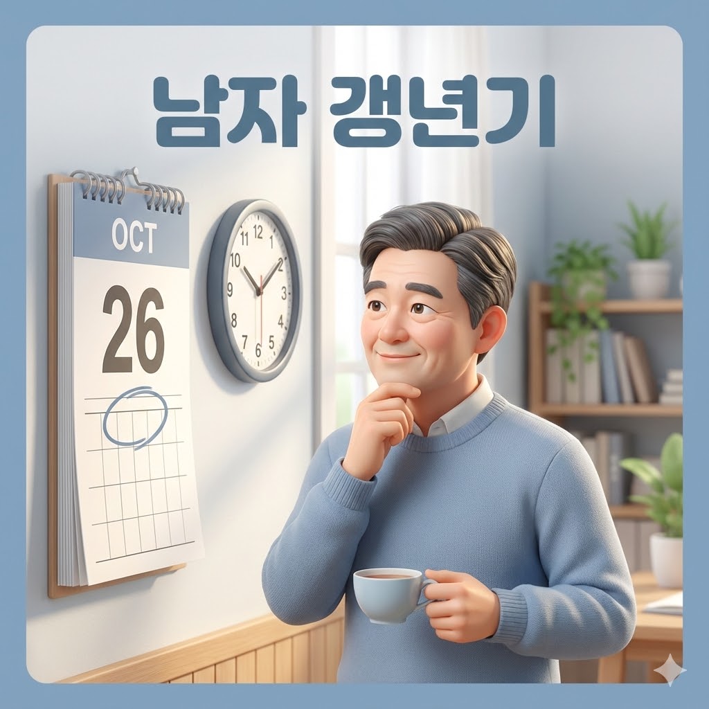 생각에 잠긴 중년 남성이 시계를 보며 남자 갱년기 시작 나이를 고민하는 모습. 희망찬 분위기의 3D 카툰 일러스트.