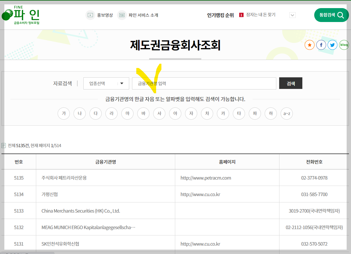 제도권 금융회사 조회 화면 사진