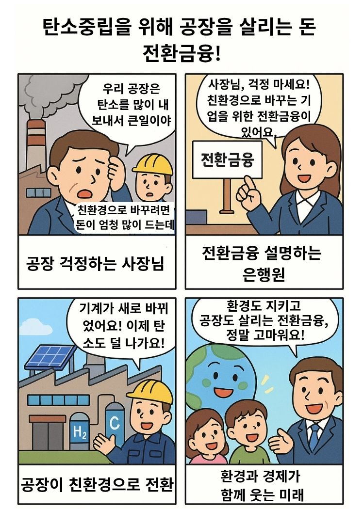 탄소중립을 위해 고민하는 공장 사장이 전환금융의 도움으로 친환경 설비를 도입하고, 마지막에는 지구와 시민이 함께 웃으며 환경과 경제가 함께 살아나는 미래를 보여주는 4컷 교육용 만화