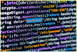 뒷문. 사이버 보안, 암호화 및 잠재적인 백도어 문제와 관련된 코드에 초점을 맞춘 기술 컴퓨터 화면 디스플레이의 클로즈업 뷰