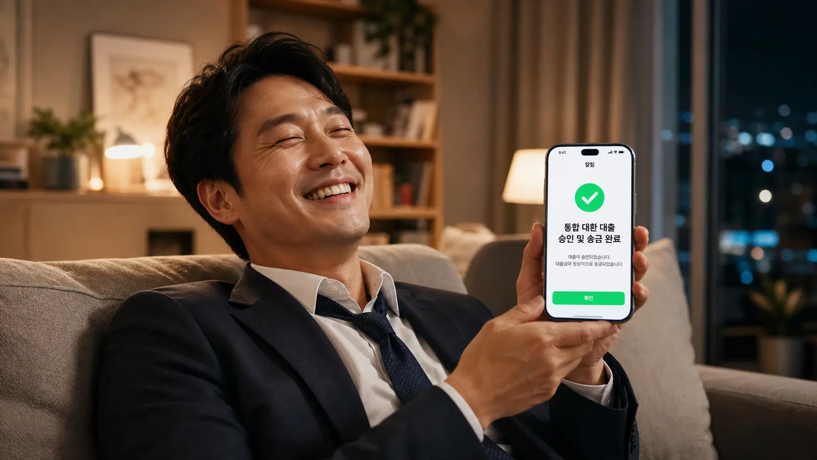 한국의 거실 소파에 앉아 넥타이를 느슨하게 푼 직장인이 스마트폰 화면의 초록색 대환 대출 승인 완료 메시지를 보고 환하게 웃으며 안도하는 모습