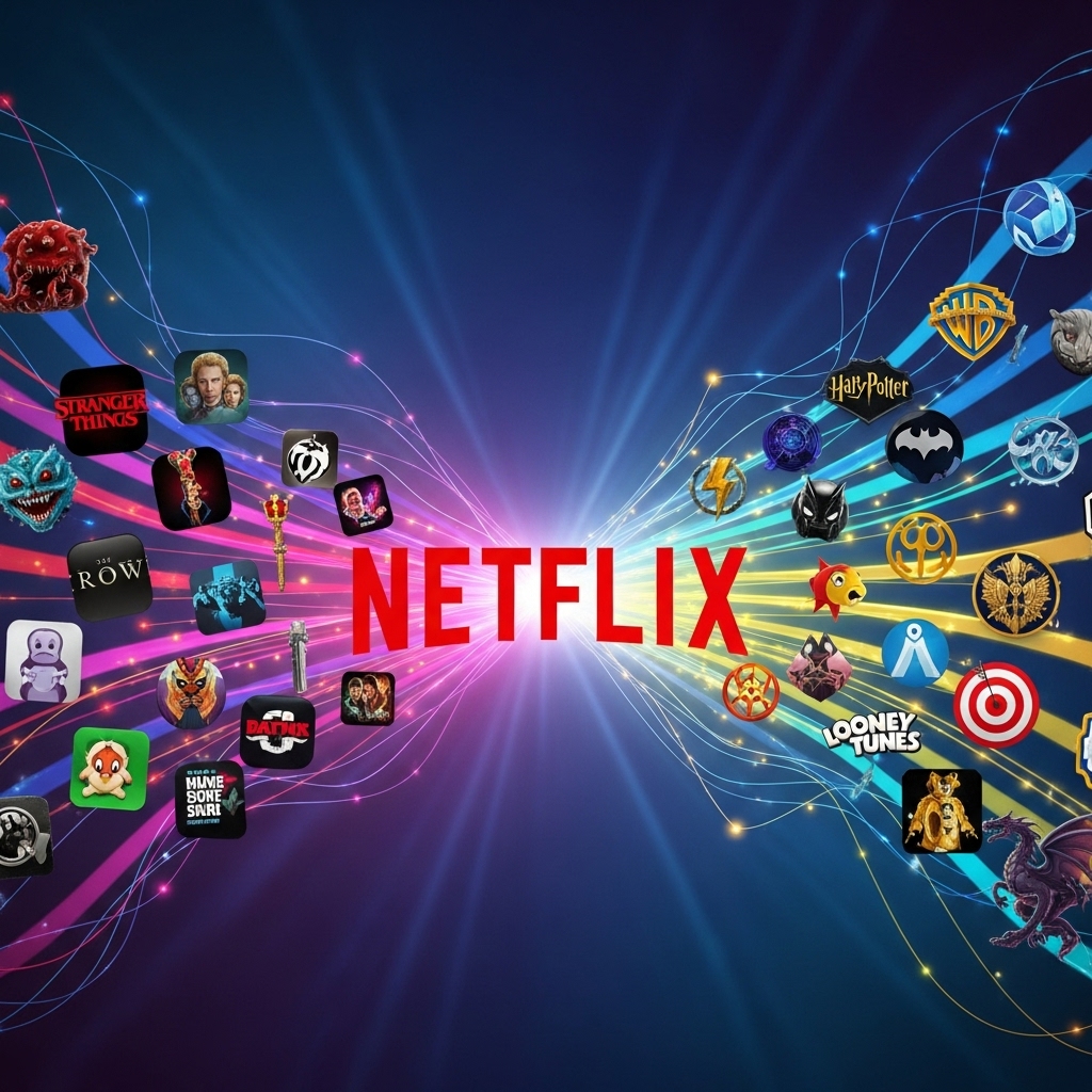 넷플릭스와 워너 브라더스의 콘텐츠가 하나의 플랫폼으로 통합되는 모습을 시각화한 디지털 일러스트. 다양한 콘텐츠 아이콘들이 넷플릭스 로고로 흡수되는 네트워크를 보여줍니다.2