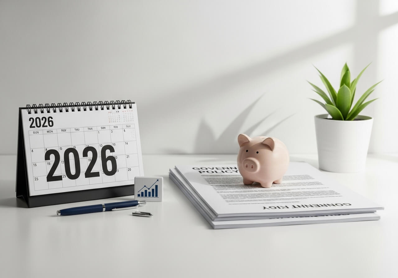 2026년 달력과 저금통, 정부 정책 서류가 놓인 깔끔한 책상 위 풍경으로 새해 복지제도 변화를 상징하는 이미지