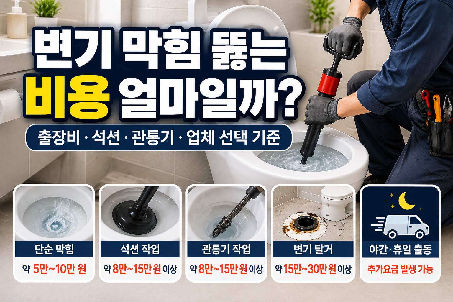 화장실 변기 막힘 수리비와 석션&middot;관통기 작업, 변기 탈거 비용을 비교하는 안내 이미지