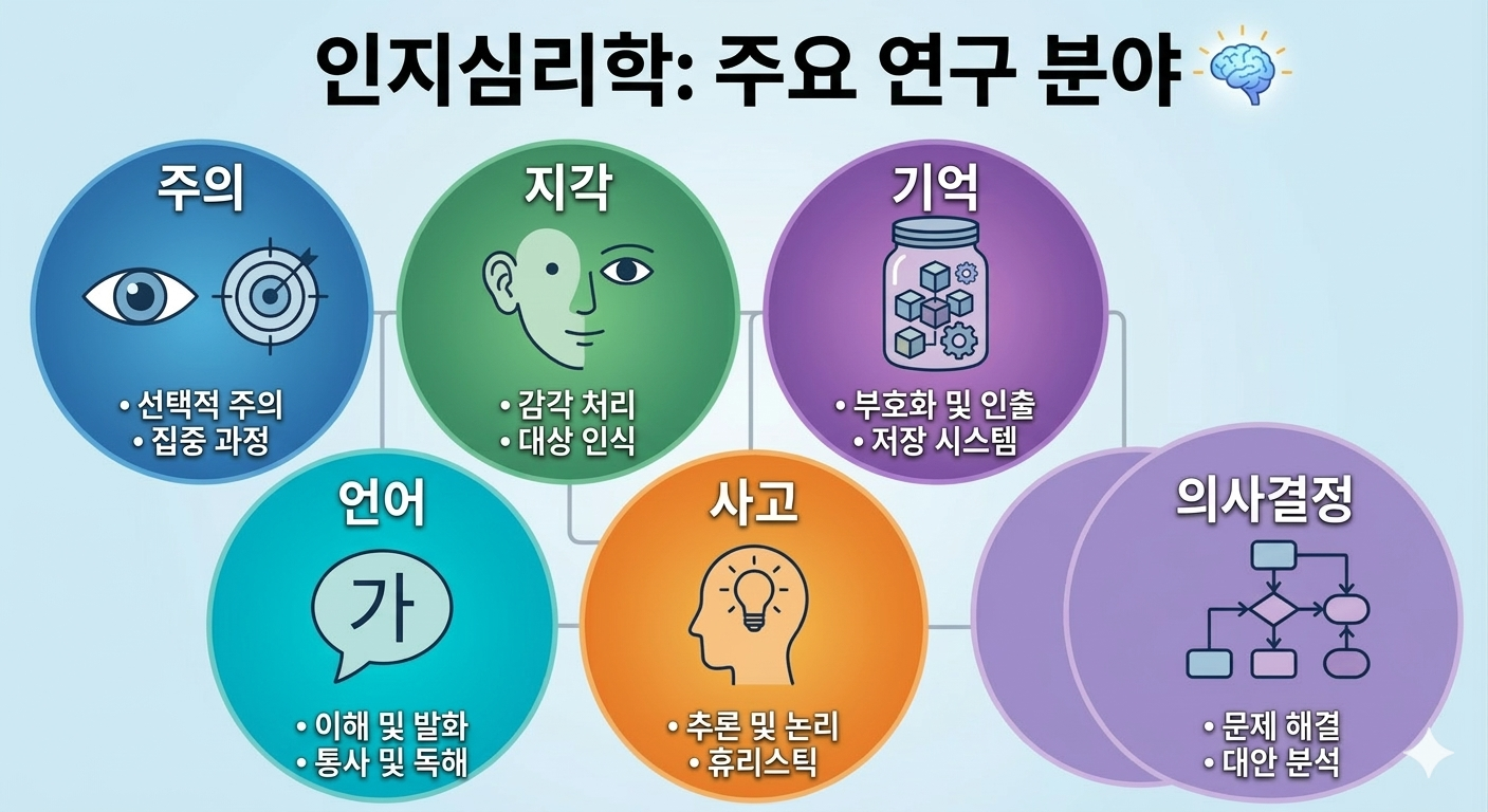인지심리학의 주요 연구 분야인 지각, 주의, 언어, 사고, 의사결정, 기억에 관해 정리해둔 이미지