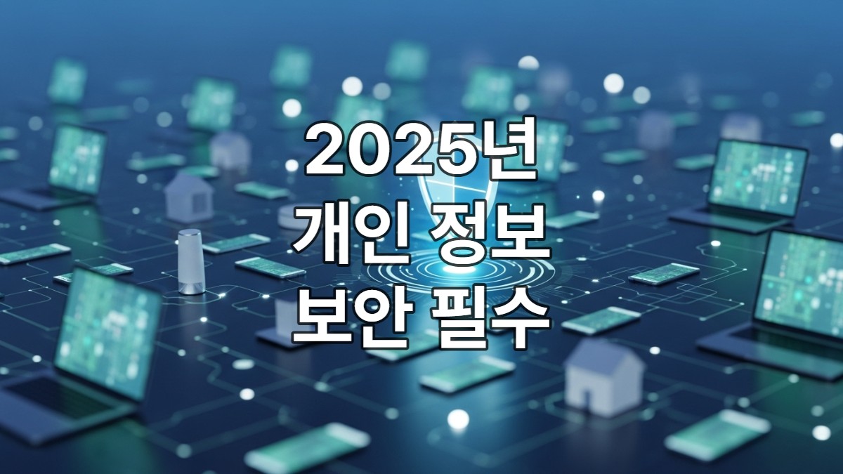 푸른색 방패 아이콘이 여러 디지털 기기 위로 떠 있는 모습으로, 2025년 안전한 개인 정보 보호를 상징합니다.