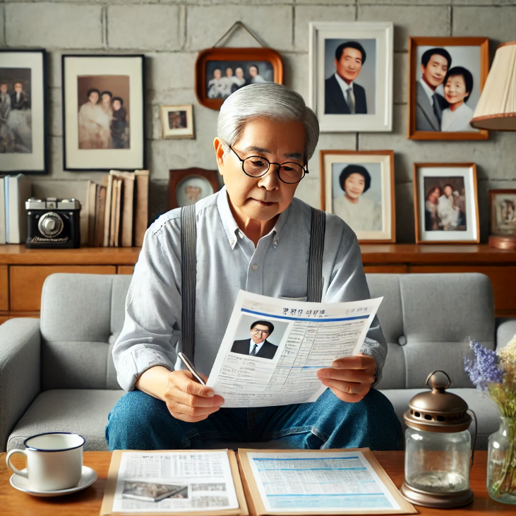 이혼 후 연금 서류를 검토하는 노년의 남성