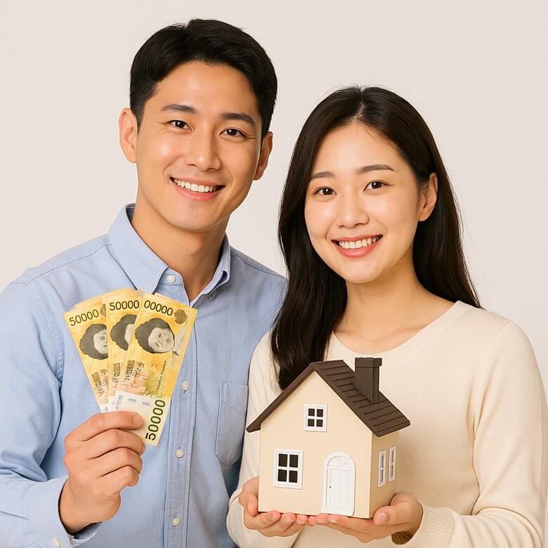 모형 집과 5만 원권 지폐를 들고 웃고 있는 신혼부부의 전세대출 이미지