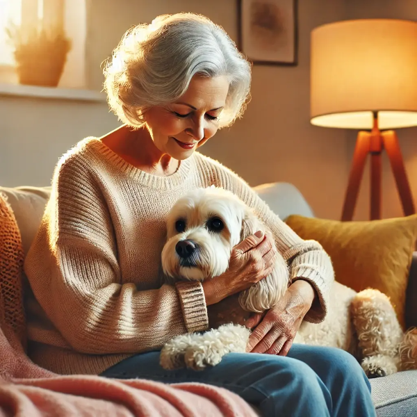 따뜻한 거실 소파에 앉아 고령견을 부드럽게 쓰다듬는 다정한 노년 여성의 초고해상도 사진