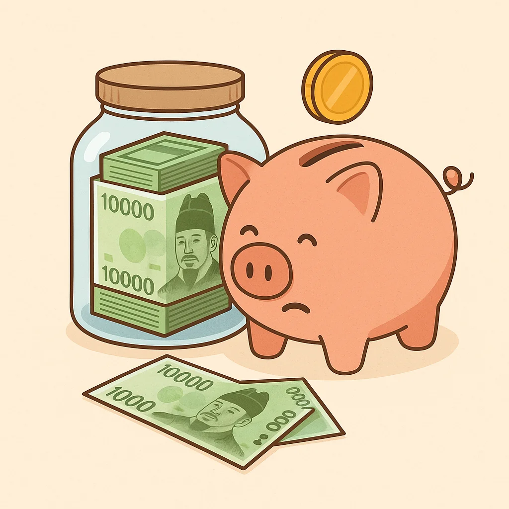 1만 원짜리 지폐를 저금통과 병에 모으고 있는 저축 컨셉의 일러스트. 돼지 저금통과 한국 지폐가 시각적으로 묘사됨.