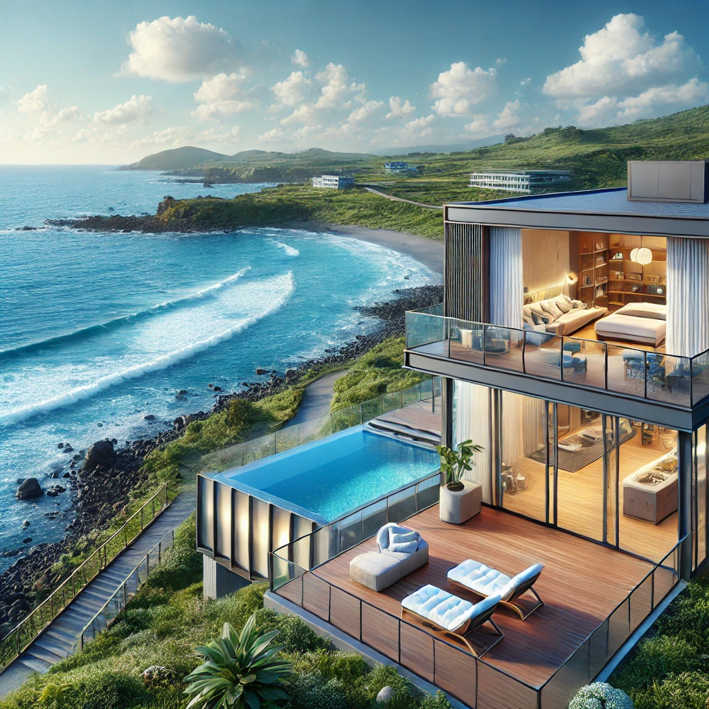 제주도의 푸른 바다와 멋진 오션뷰 숙소의 풍경