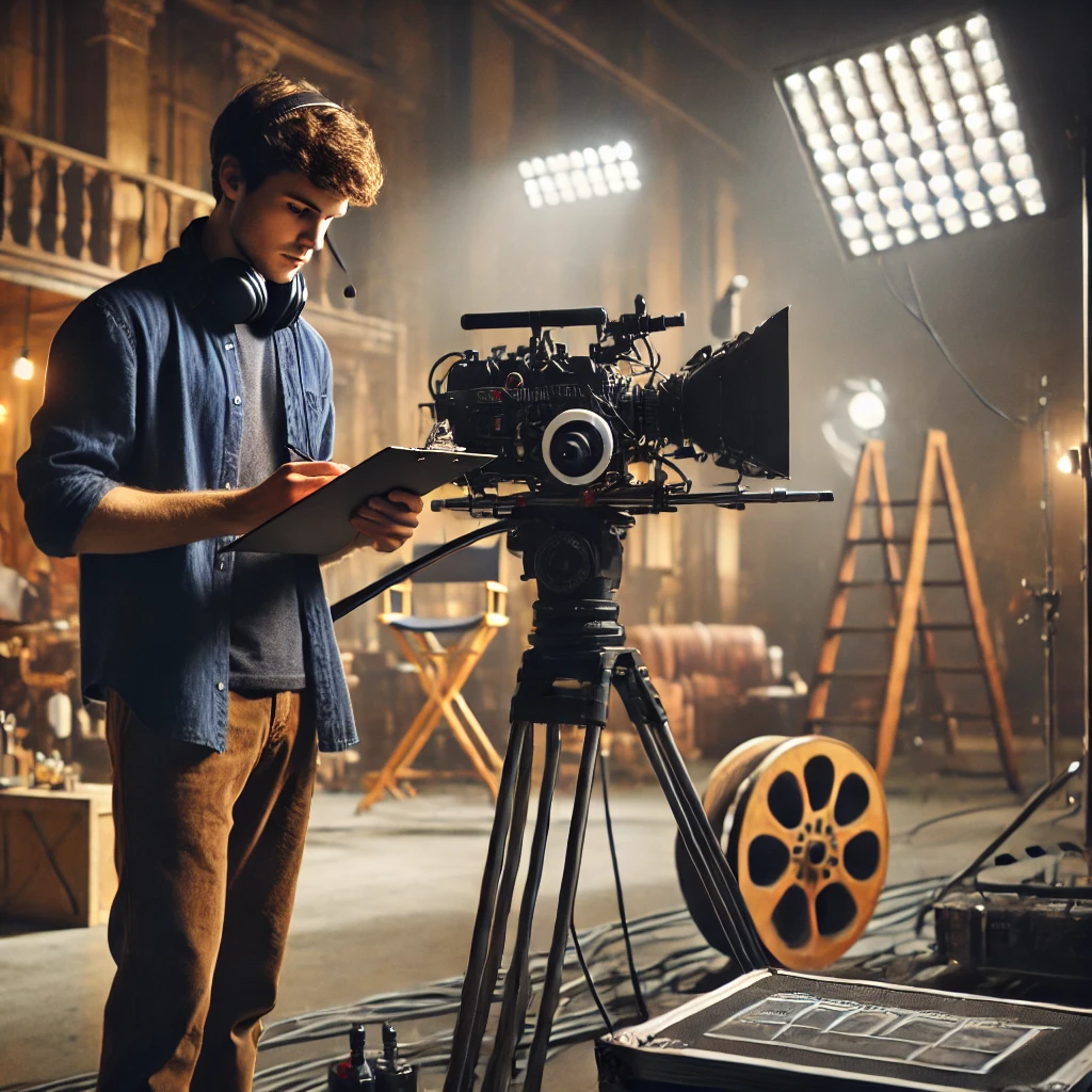 남자가 영화세트장에서 혼자 일을 하고 있는 사진