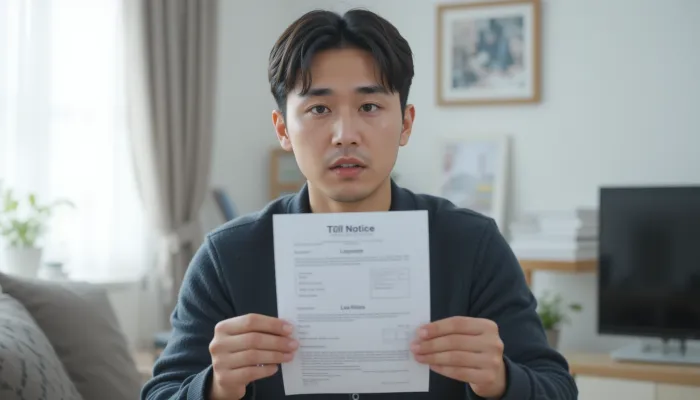 고속도로 통행료 조회 결과 미납 고지서를 들고 걱정하는 남성의 모습