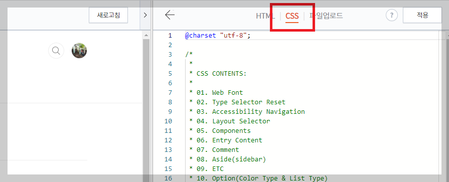 CSS모드로 들어간 화면 사진