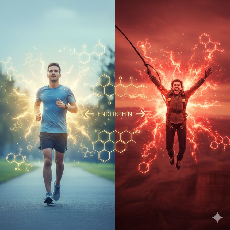두 개의 대비되는 장면이 좌우로 나뉜 이미지. 왼쪽에는 평온한 표정으로 달리는 마라톤 선수와 주변을 감싸는 부드러운 황금빛 엔도르핀 분자들, 오른쪽에는 번지점프하는 사람의 흥분한 표정과 강렬한 붉은색 에피네프린 분자들이 폭발하는 모습. 중앙에는 두 호르몬의 화학 구조식이 대비되어 표현된 역동적인 인포그래픽