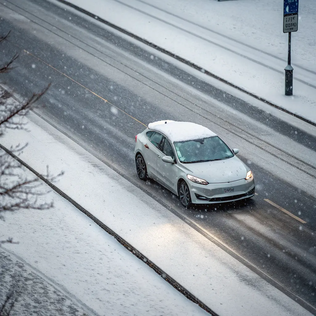 겨울 도로를 달리는 전기차 전경 이미지