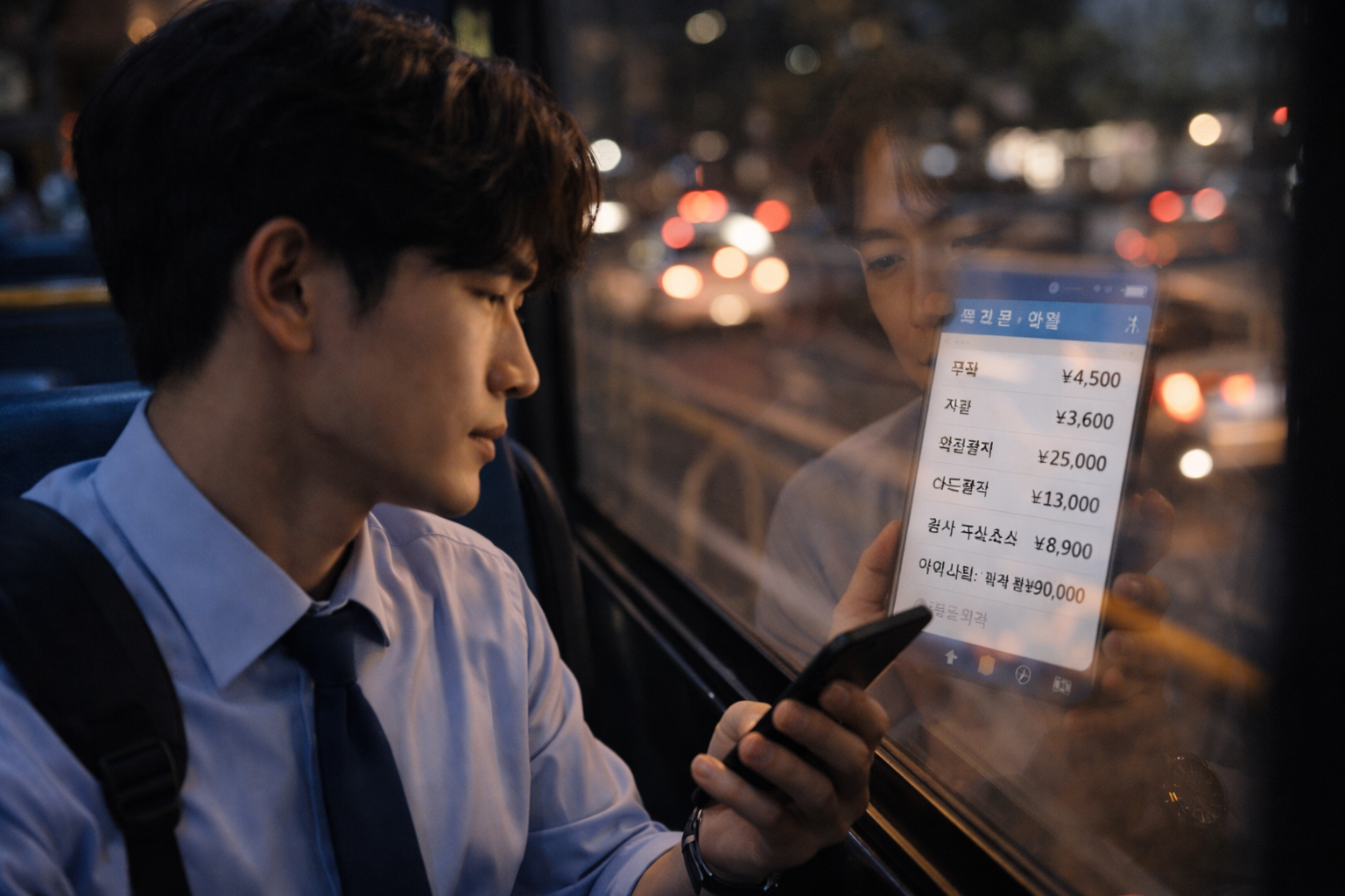 퇴근길 버스 창가에 비친 소비 내역 화면을 보는 사람의 모습