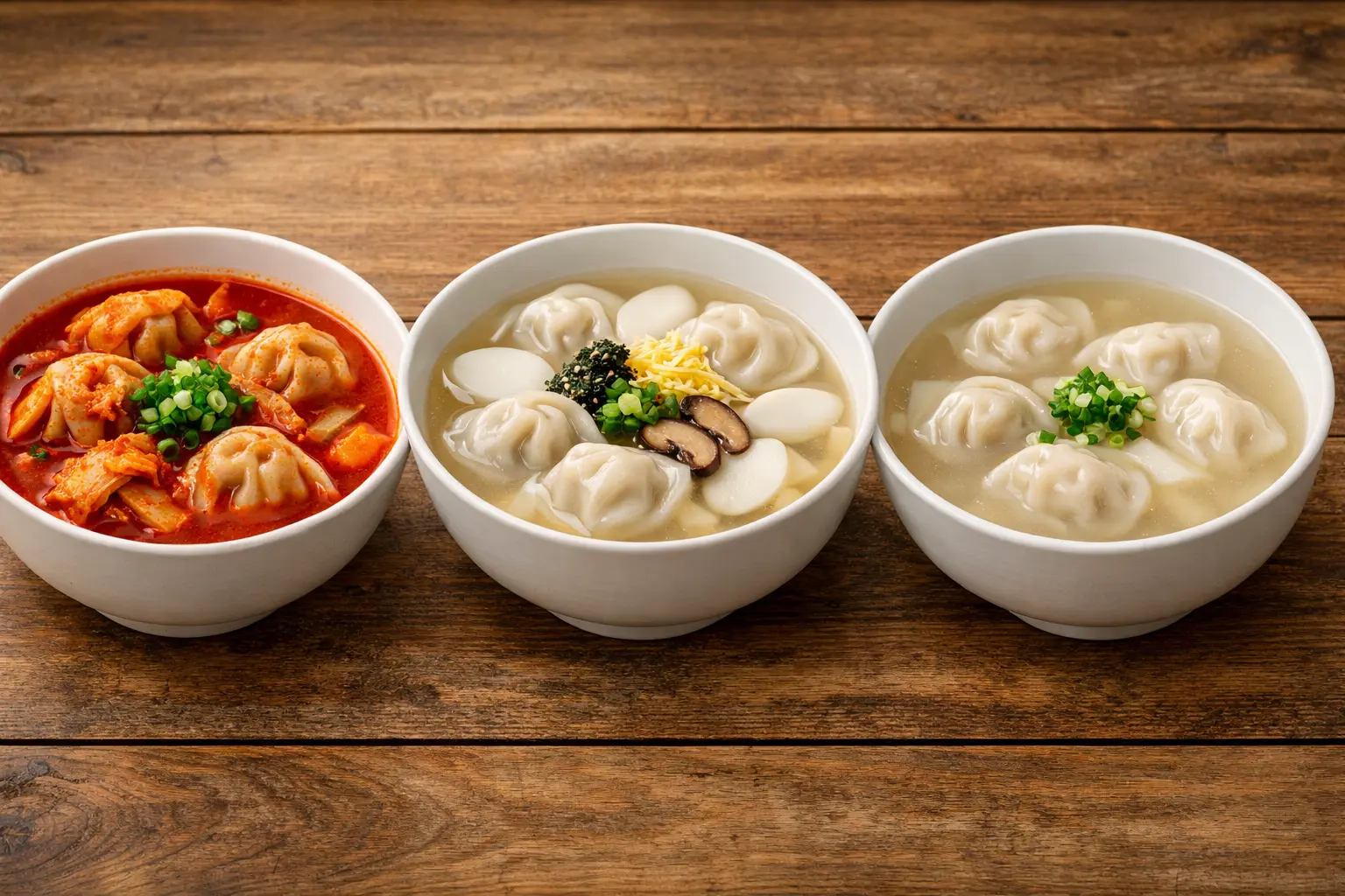 만두국 3가지 변형 비교 &ndash; 왼쪽부터 매콤 김치만두국, 떡만두국, 맑은 만두국