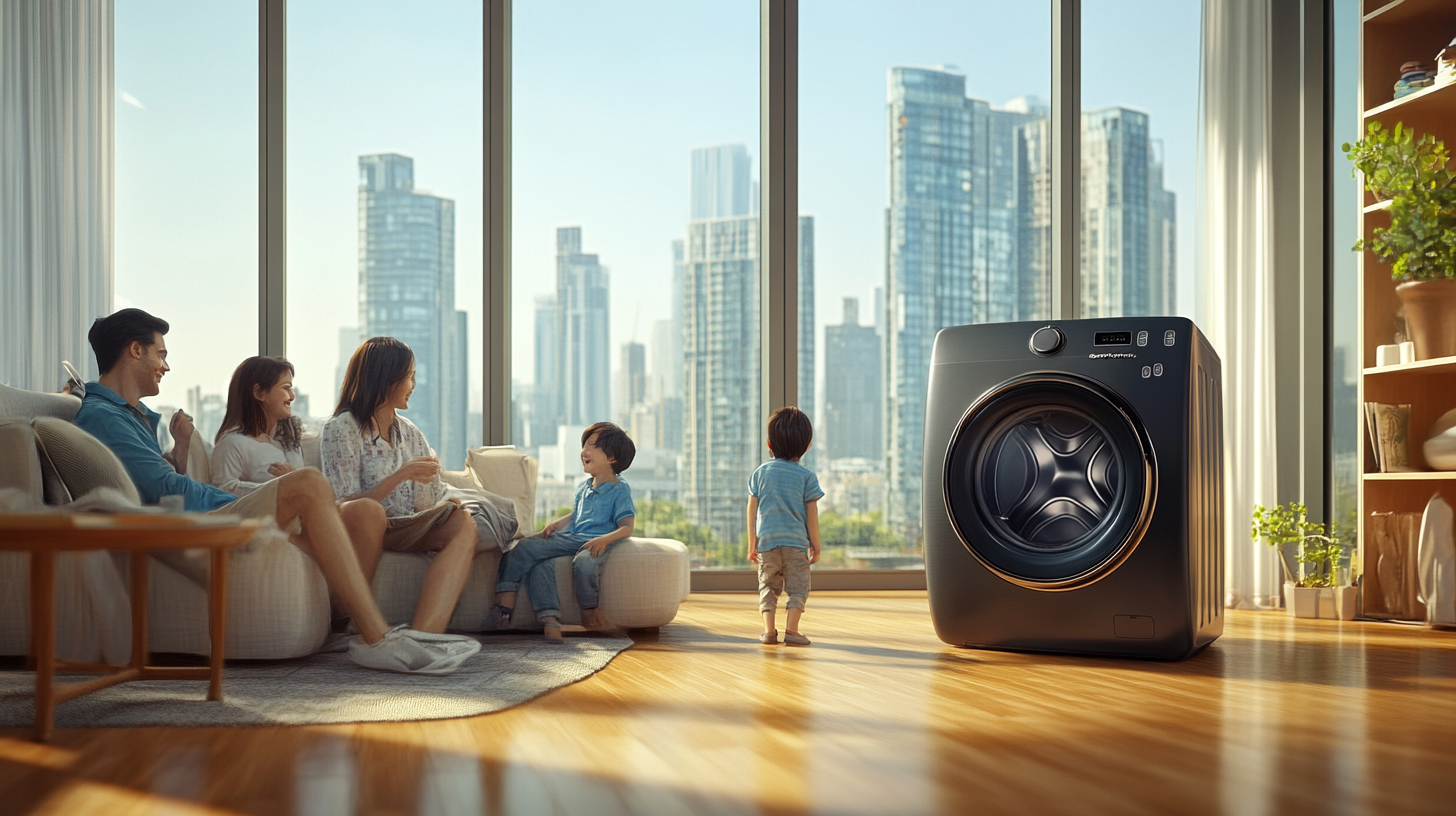 고층 아파트에 사는 가족이 배경에서 조용히 작동하는 삼성 세탁기 덕분에 평화로운 시간을 보내고 있는 장면