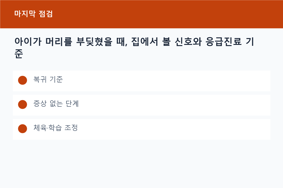 아이가 머리를 부딪혔을 때, 집에서 볼 신호와 응급진료 기준의 복귀 기준 핵심을 정리한 정보 카드