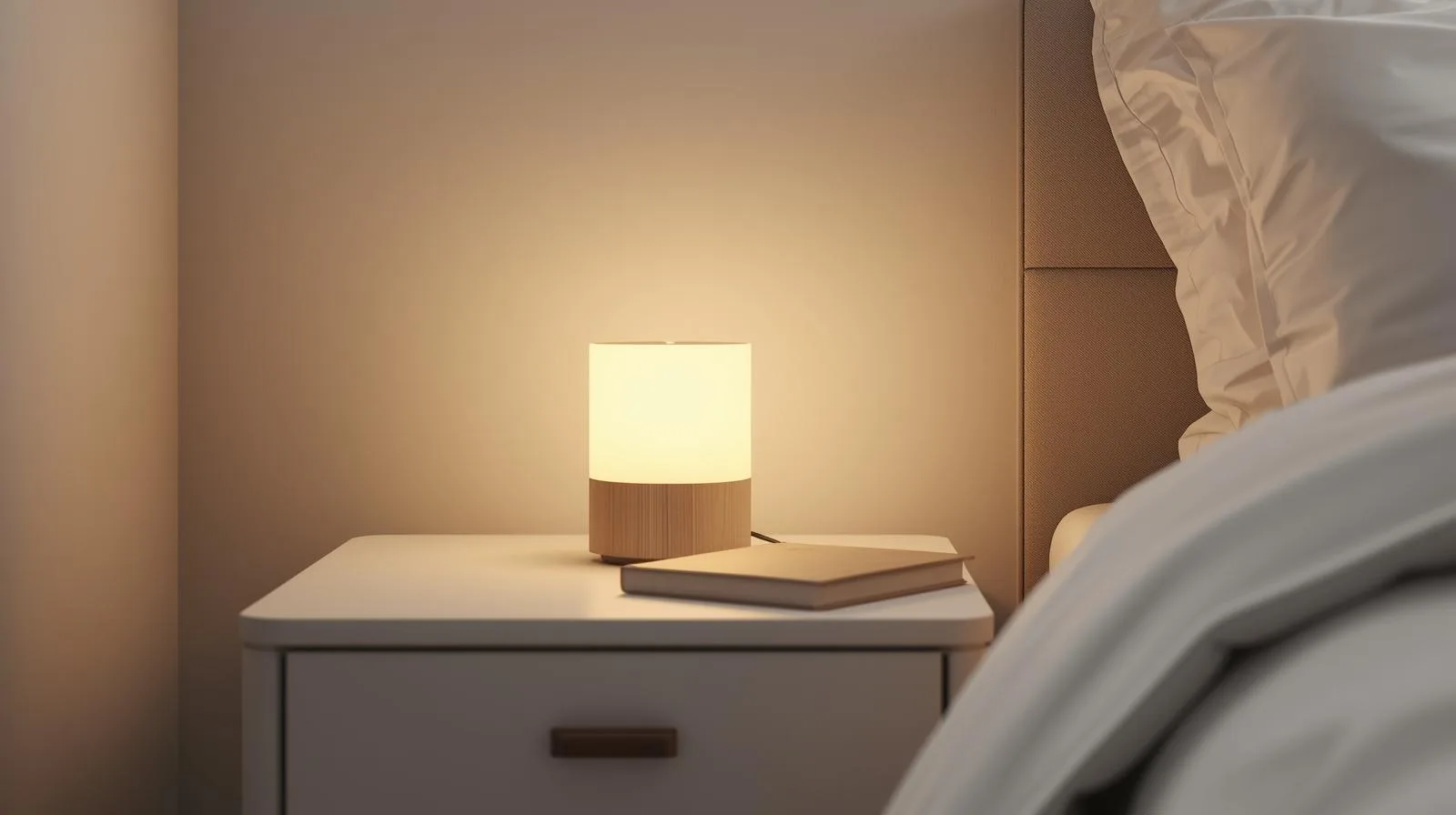 숙면을 위해 침실 침대 옆 협탁 위에 따뜻한 노란색 불빛의 스탠드 조명과 책이 놓여 있는 아늑한 모습