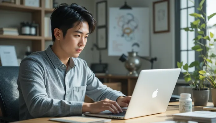 노트북으로 탈모 영양제를 검색하는 남성