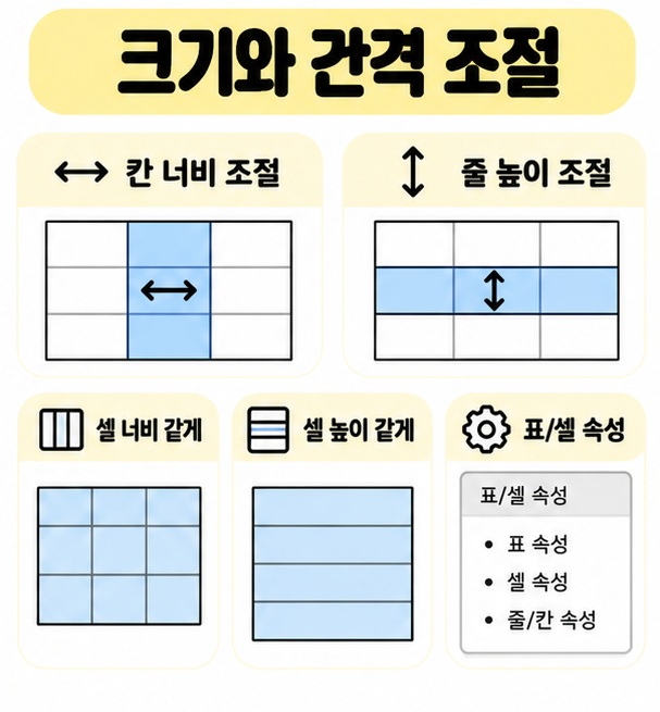 표의 칸 너비와 줄 높이를 조절하고 셀 크기를 같게 맞추는 방법을 보여주는 카드