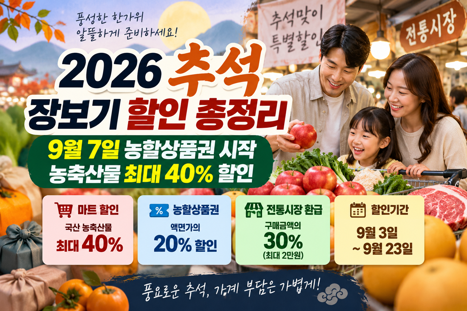2026 추석 장보기 할인 농할상품권 20% 할인과 전통시장 온누리상품권 환급 안내