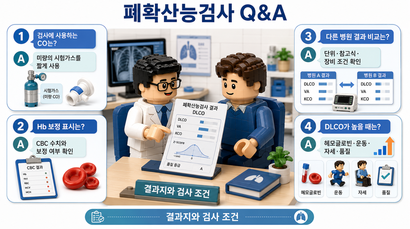 폐확산능검사 결과지와 검사 조건 Q&A를 설명하는 의료 상담 일러스트