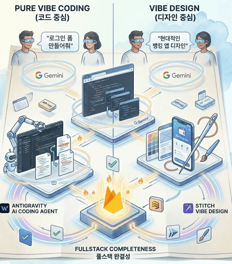 구글 바이브 코딩: 순수 바이브코딩과 바이브 디자인의 개념 차이를 대비하여 보여주는 일러스트입니다. 좌측은 안티그래비티(Antigravity)를 활용해 프롬프트로 코드를 생성하는 &amp;#39;코드 중심&amp;#39; 영역을&amp;#44; 우측은 스티치(Stitch)를 통해 UI를 도출하는 &amp;#39;디자인 중심&amp;#39; 영역을 묘사합니다. 하단의 파이어베이스(Firebase)가 두 영역을 연결해 구글의 풀스택 완결성을 시각적으로 완성합니다. (Pure Vibe Coding vs Vibe Design&amp;#44; Antigravity&amp;#44; Stitch&amp;#44; Firebase fullstack) 