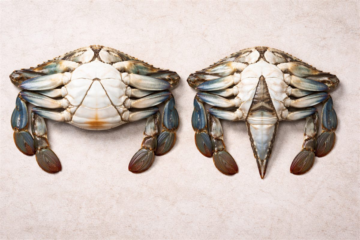 꽃게 암수 구별에 중요한 배딱지 모양 차이를 한눈에 보여주는 구성 