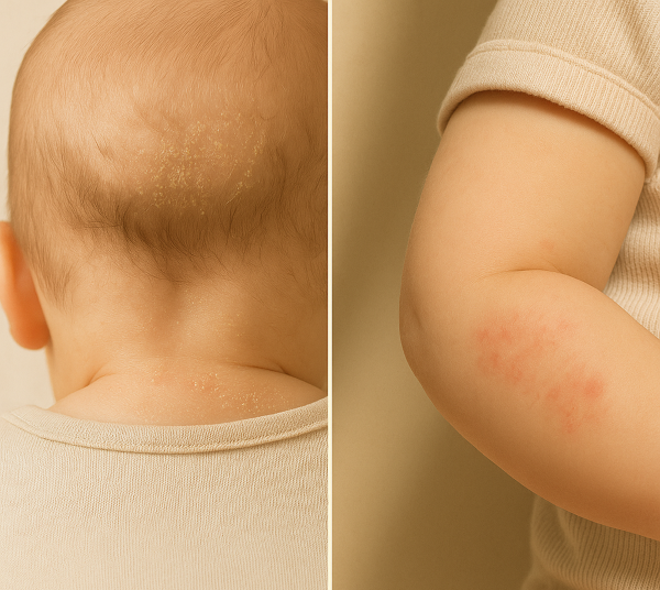 왼쪽 지루성 피부염 유아의 뒤통수와 오른쪽 아토피 피부염 유아의 팔, 유아 피부염 증상을 비교한 이미지