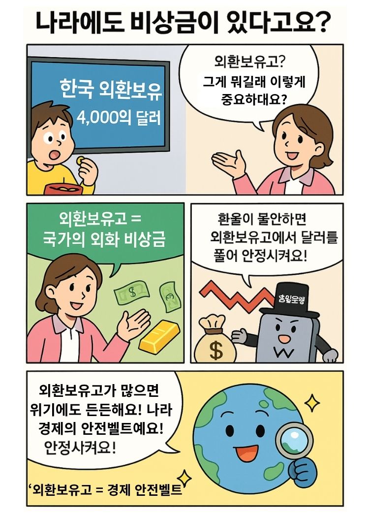 외환보유고를 ‘나라의 비상금’으로 설명하는 4컷 교육 만화. 뉴스에서 외환보유고 소식을 보고 놀라는 학생, 선생님이 개념을 설명, 중앙은행이 달러를 풀어 환율을 안정시키는 장면, 지구 캐릭터가 외환보유고의 중요성을 요약하는 모습