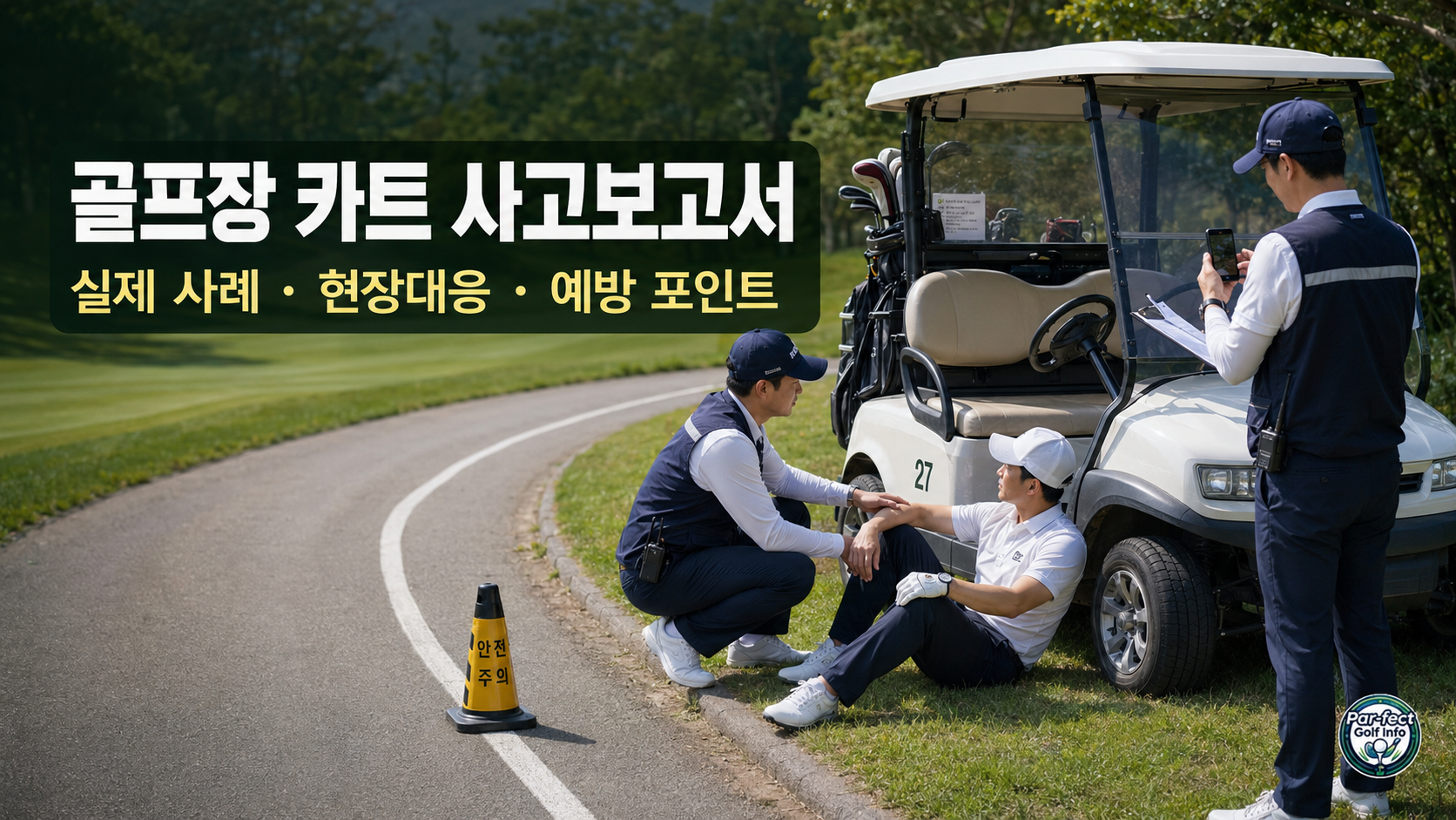 골프장 카트 사고 후 직원이 골퍼의 상태를 확인하고 현장 상황을 기록하는 모습