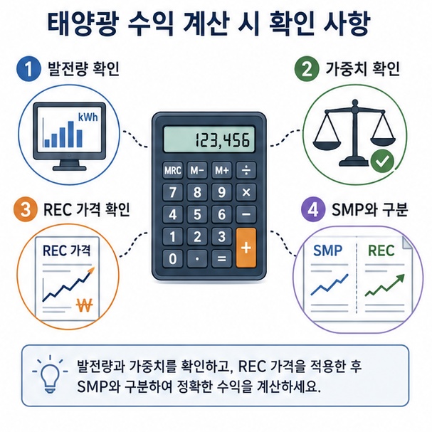 태양광 수익을 계산할 때 발전량과 가중치, REC 가격을 확인하고 SMP와 REC를 구분하는 모습을 보여주는 그림