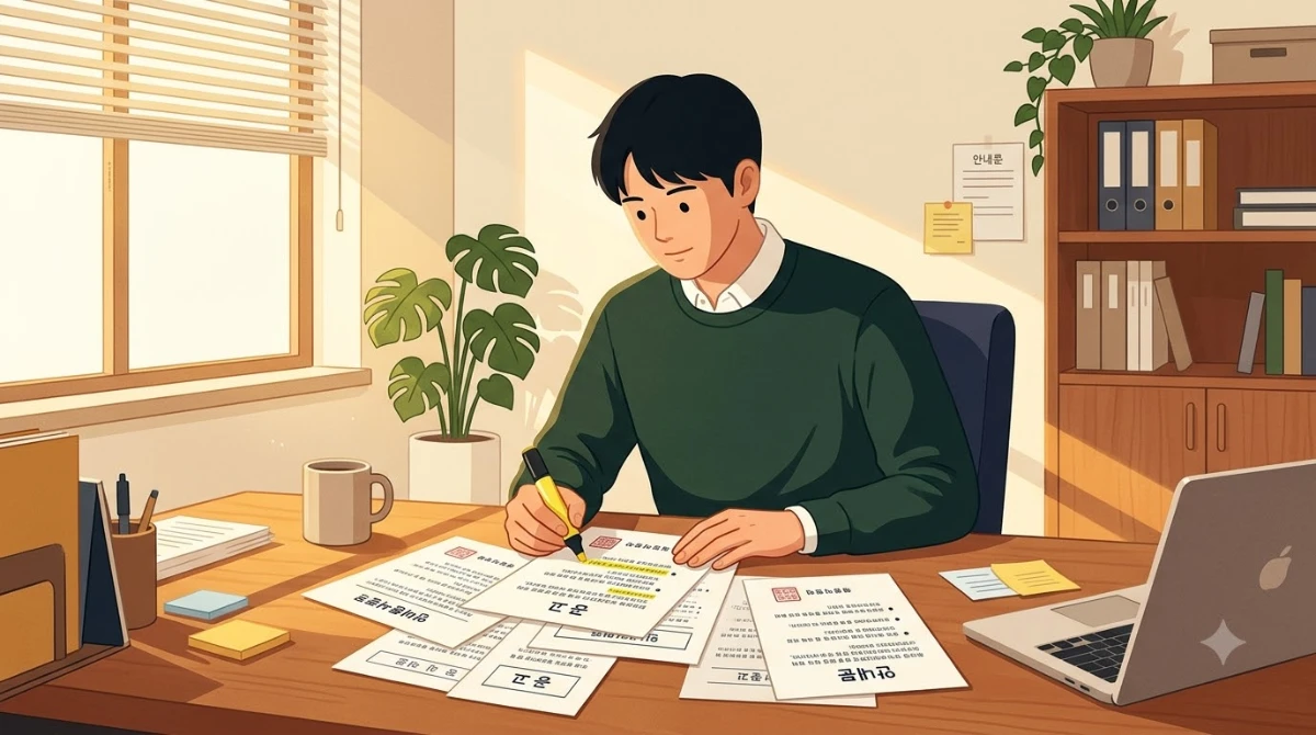 한국인 중년 남성이 사무실 책상에 앉아 여러 장의 지자체 공고문을 펼쳐놓고 형광펜으로 표시하며 확인하는 장면.