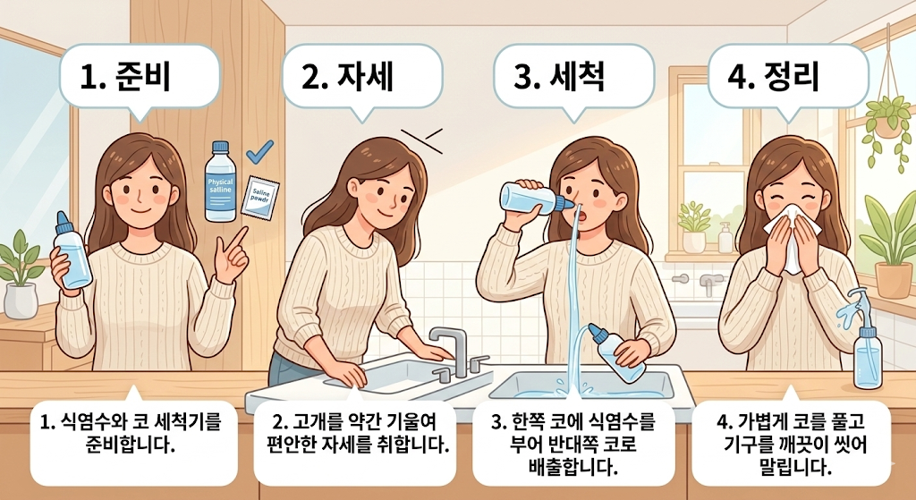 식염수로 코를 세척하는 과정을 설명하는 이미지