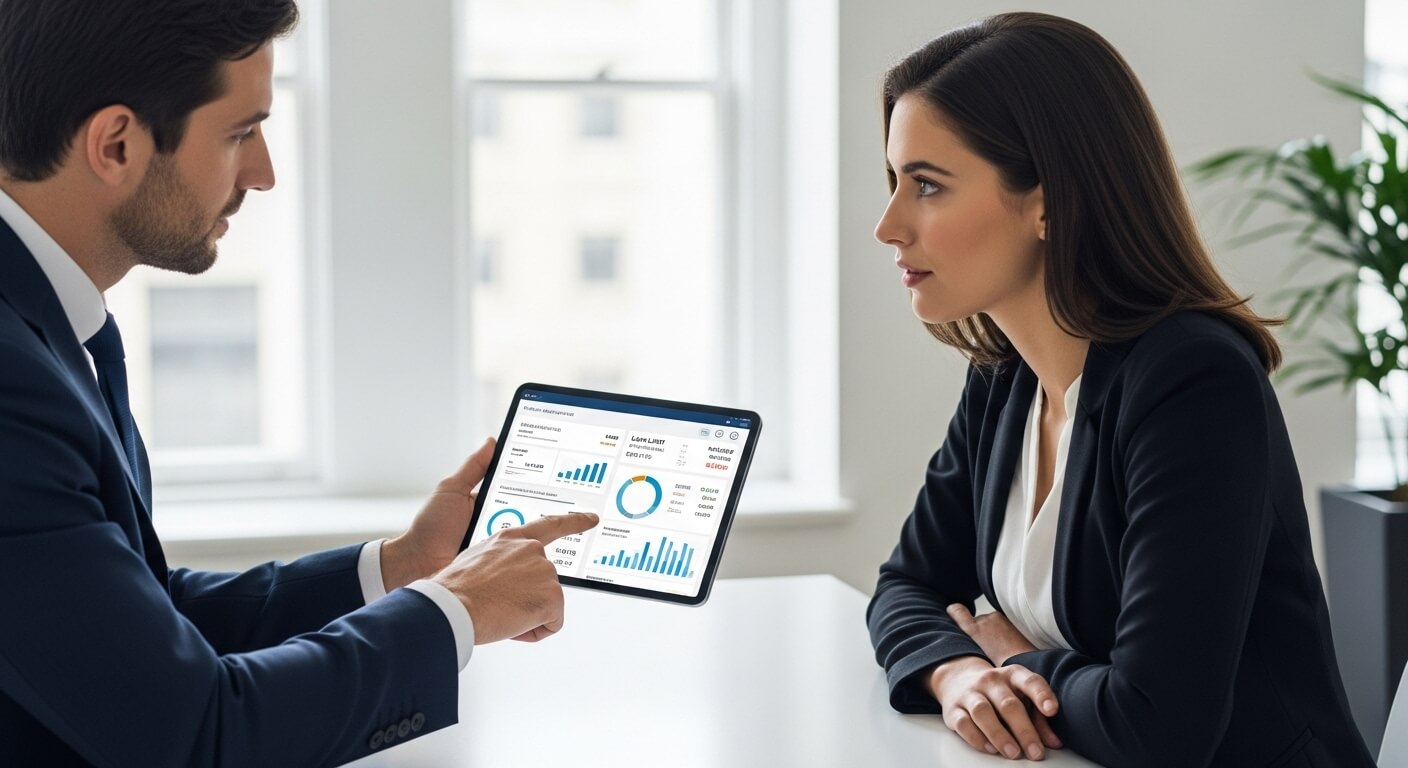 태블릿 화면의 대출 한도 분석 자료를 보며 상담하는 장면