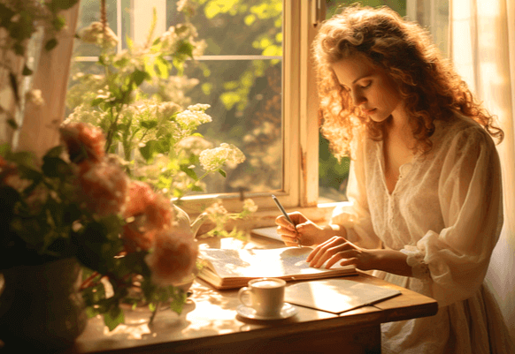 금발의 백인여성이 하얀 드레스를 입고 창가에 앉아 독서를 하고 있다. 책상에는 분홍 장미가 가득 담긴 꽃병이 있다.