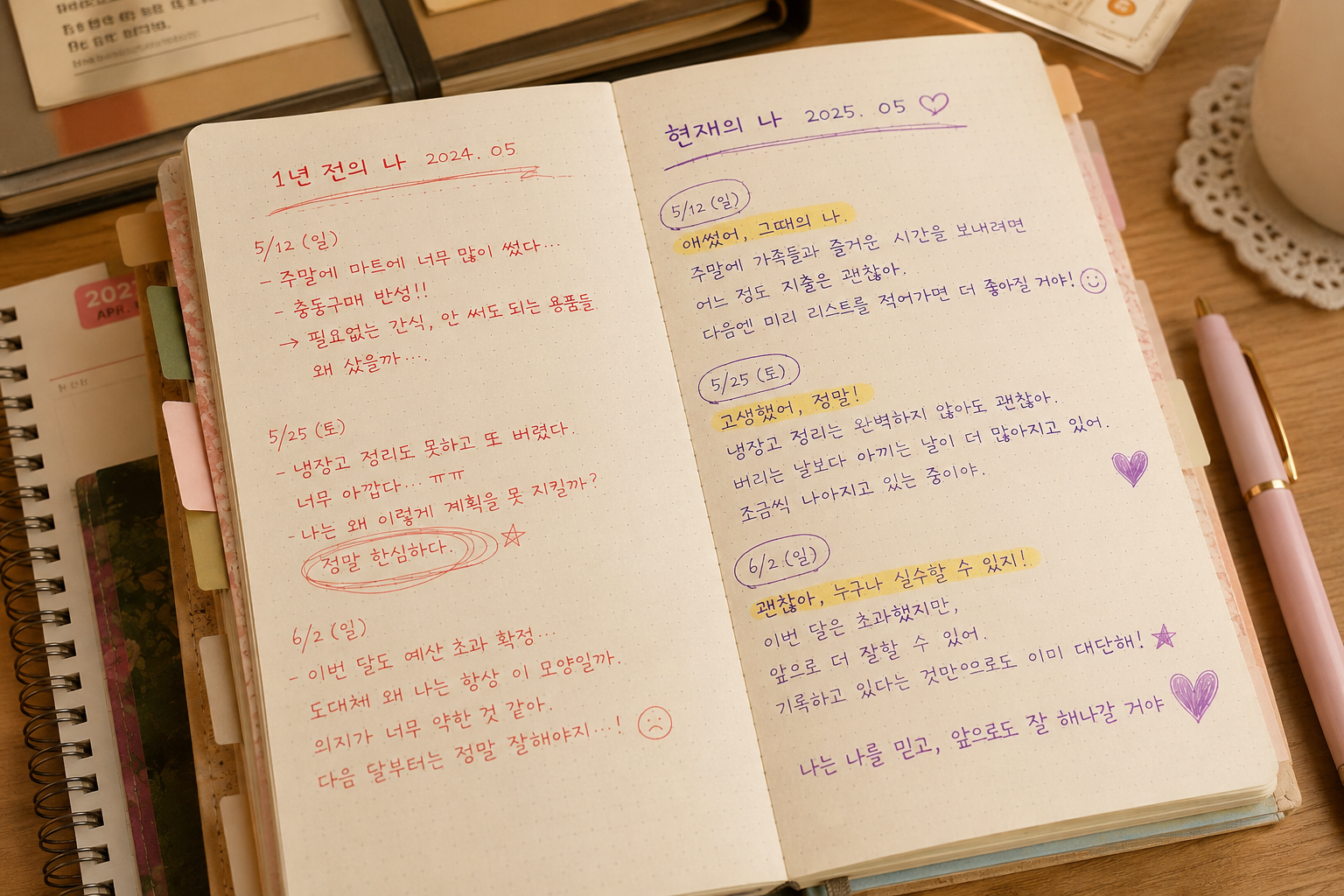 노트 좌측에는 1년 전 빨간 펜으로 자책하며 적은 기록들이, 우측에는 현재의 내가 보랏빛 펜으로 1년 전의 나를 다독이며 따뜻한 위로와 응원을 건네는 글들이 적혀 있는 기록 노트의 모습.