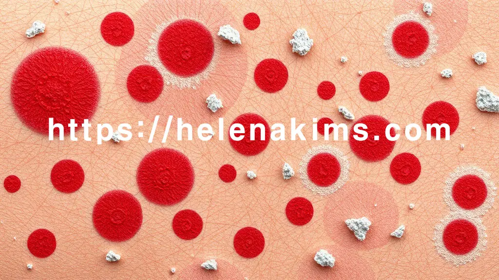 중앙에는 판상 건선의 붉고 두꺼운 인설, 그 주변으로 물방울 건선의 작은 점들, 농포성 건선의 미세한 돌기들, 그리고 광범위하게 붉게 퍼진 홍피성 건선의 표현.