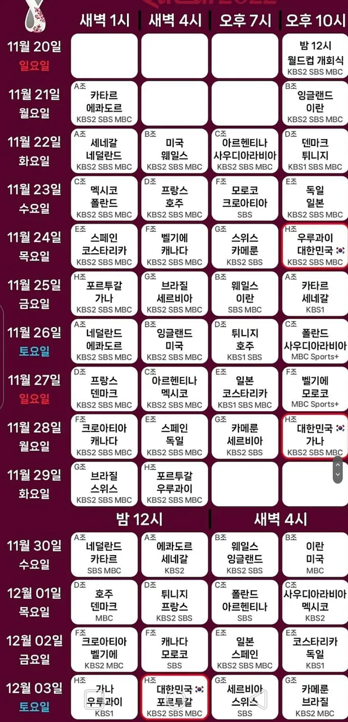 2022 카타르 월드컵 조별 리그 일정