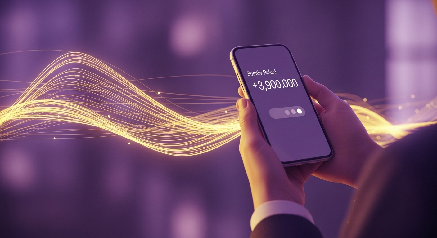 스마트폰으로 환급금을 확인하며 미소 짓는 사람의 손, 디지털화된 세금 제도의 편리함을 상징하는 보라색과 노란색 추상적 배경.