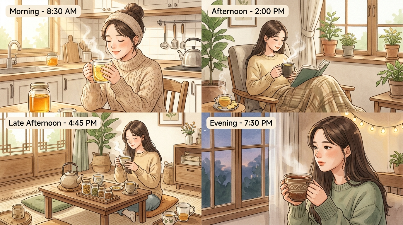 따뜻한 음료 자주 마시기 - 꿀물, 생강차, 허브차 등 따뜻한 음료로 목 촉촉하게 유지