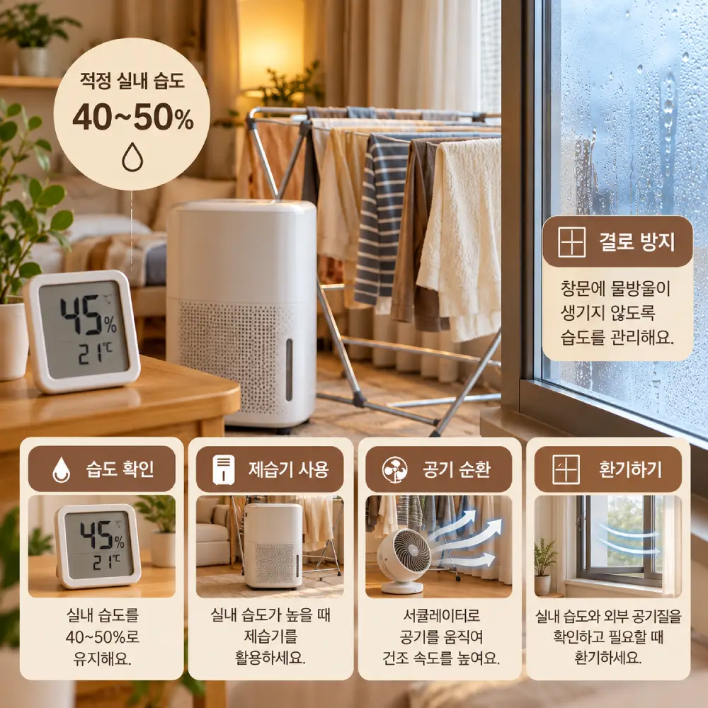 겨울철 실내 빨래 건조 시 적정 습도 40~50%를 확인하고 제습기 사용, 서큘레이터 공기 순환, 환기로 창문 결로를 관리하는 방법