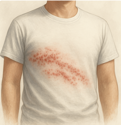 흰색 티셔츠 위로 대상포진 발진이 뚜렷하게 보이는 모습