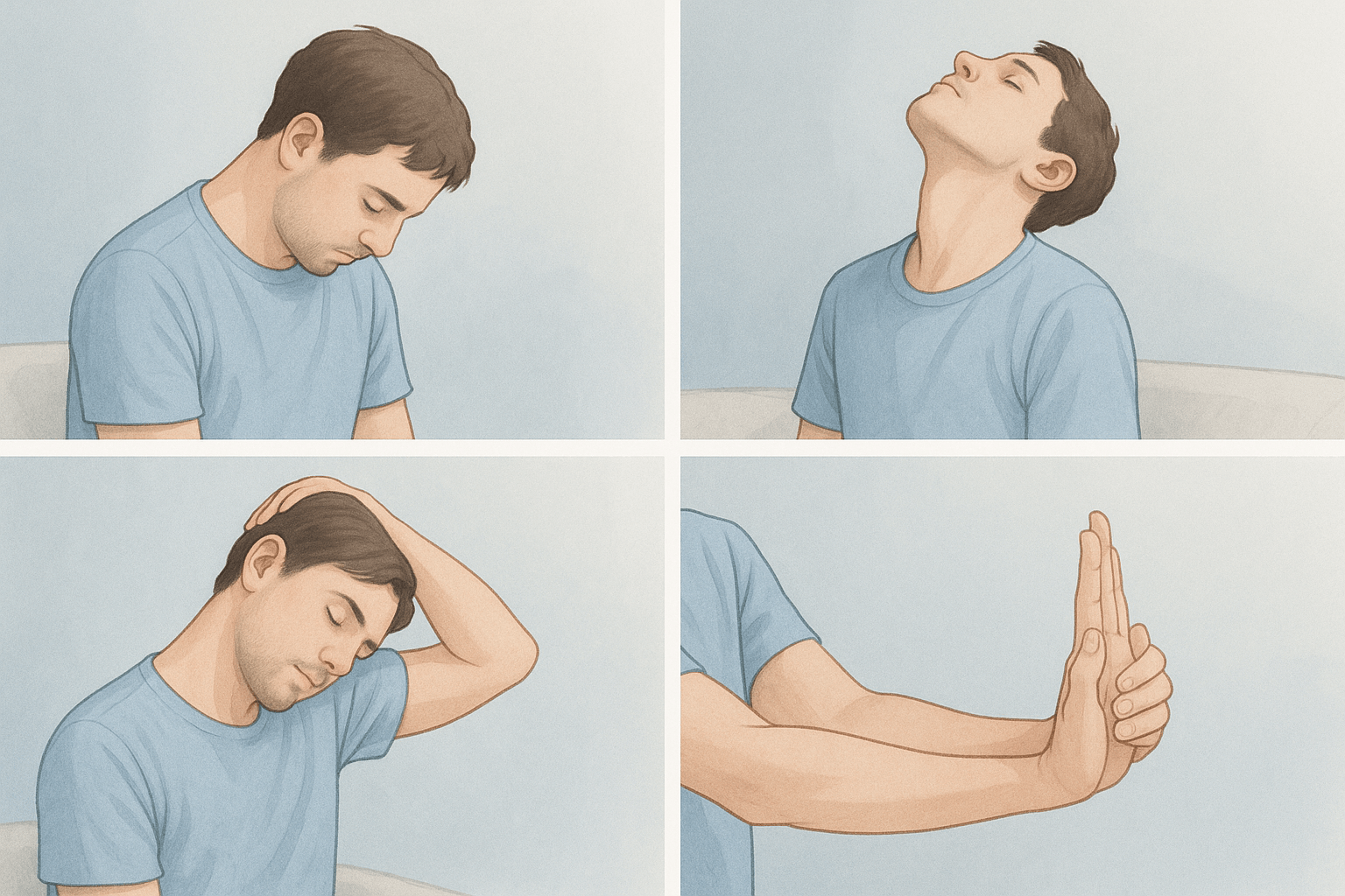 목과 손 스트레칭: 앉거나 누운 상태에서 고개를 앞, 뒤, 좌, 우로 천천히 당겨 목 근육을 이완합니다(각 10초).