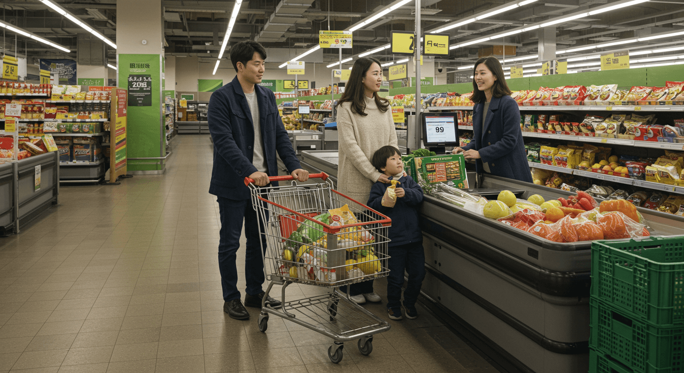 한국인 가족이 마트 계산대 앞에서 쇼핑카트를 끌고 장을 보는 일상적인 모습. 정부 지원 제도가 생활비와 가계 부담을 덜어주는 상황을 상징적으로 표현.