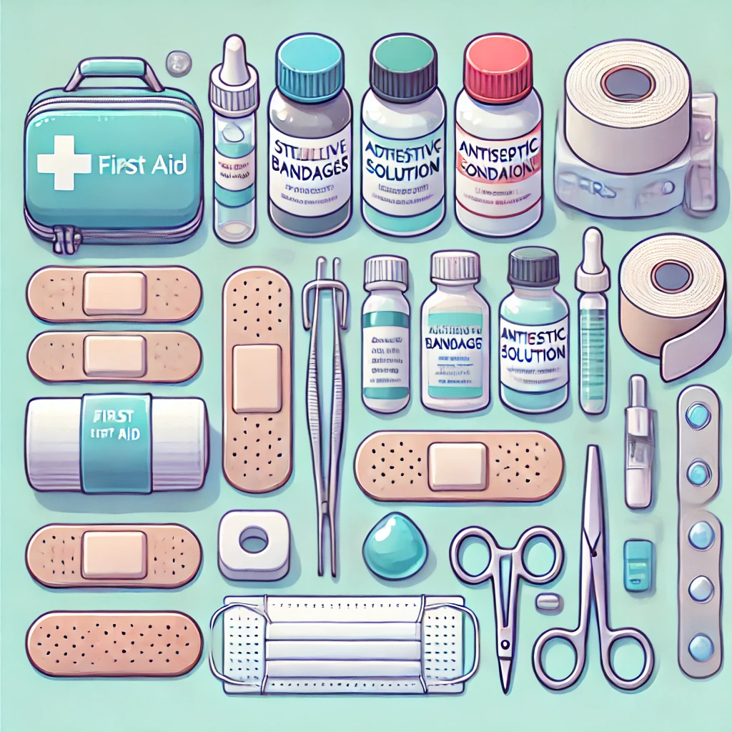 응급처치용 상비약품 일러스트 – 멸균 거즈, 반창고, 소독제, 압박붕대, 의료용 장갑, 핀셋, 가위 등이 정돈된 모습