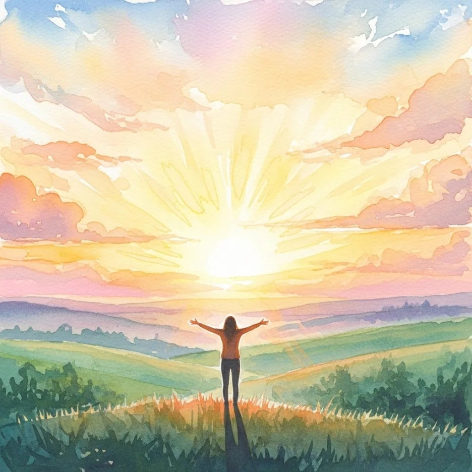 밝은 해돋이를 향해 팔을 뻗고 있는 사람의 뒷모습